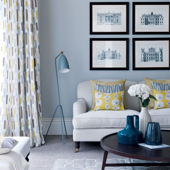 grey and yellow living room